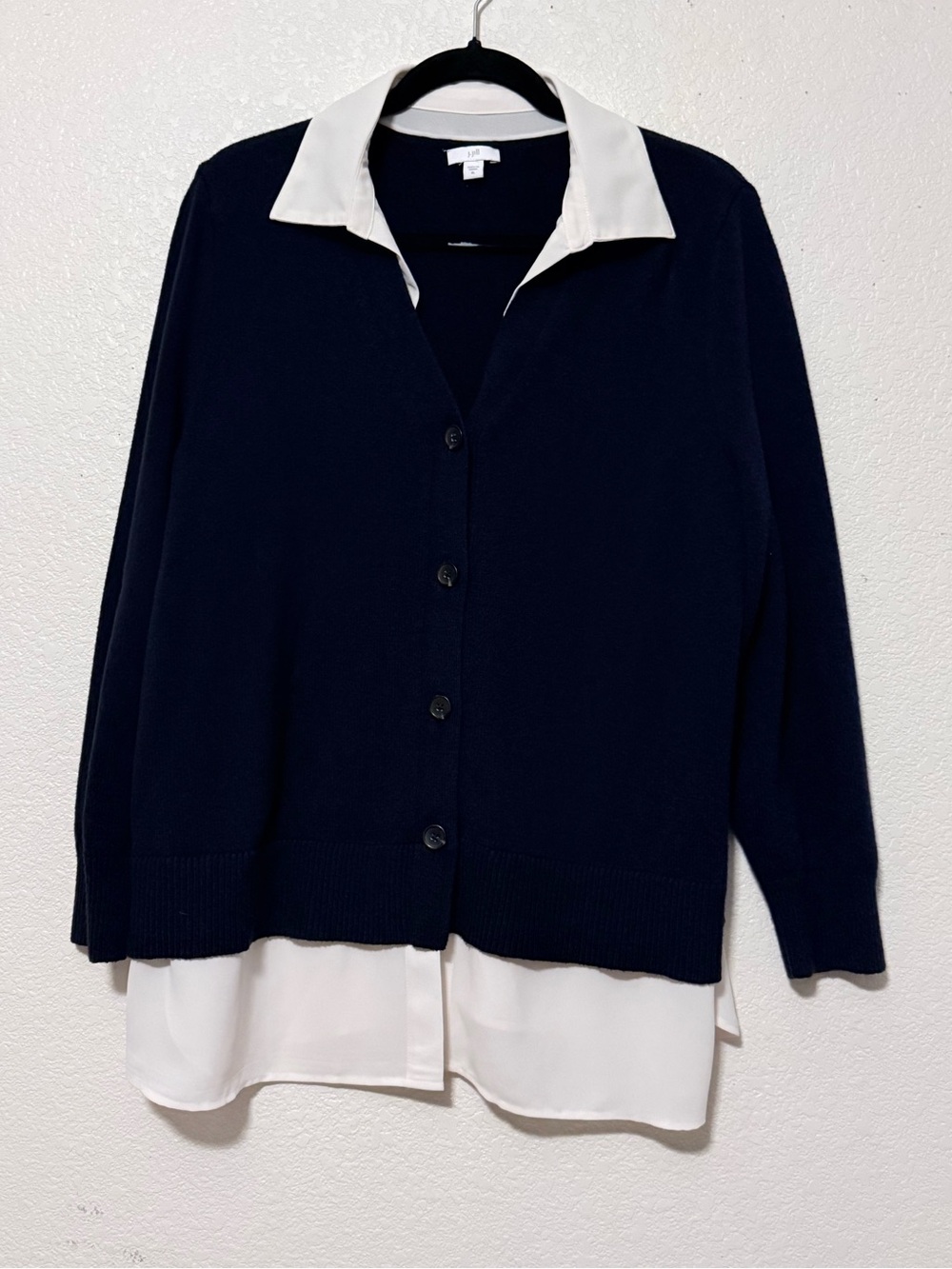 J. Jill Navy Button-Front Sweater with White Shirt-Layer 0192